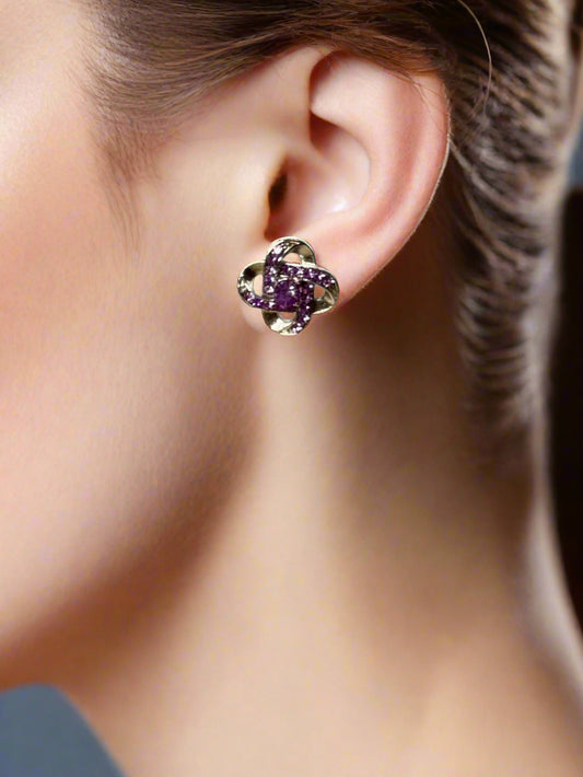 Sterling Silver Purple CZ Inlay Stud Earrings - Women