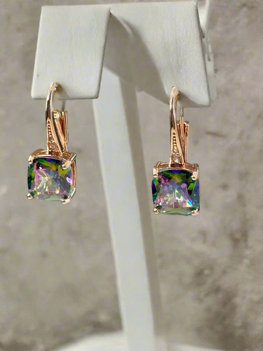 18k Rose Gold with Princess-cut Multicolor CZ Huggie Earrings-Unisex