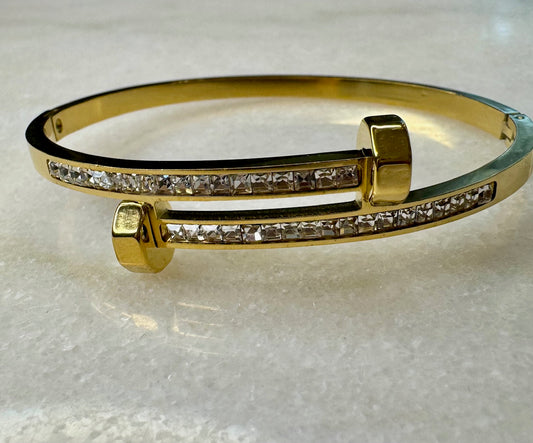 18k Gold CZ Inlay Double Nailhead  Bangle Bracelet